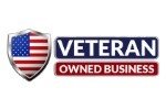 Veteran Owned Business logo. A shield featuring the American flag is shown next to two stacked rectangles reading "VETERAN" (in white on a blue background) and "OWNED BUSINESS" (in white on a red background).