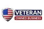 Veteran Owned Business logo. A shield featuring the American flag is shown next to two stacked rectangles reading "VETERAN" (in white on a blue background) and "OWNED BUSINESS" (in white on a red background).