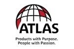 The Atlas logo. The word "ATLAS" is written below a black wire-frame globe with red segments, and the tagline "Products with Purpose. People with Passion." is beneath the name.