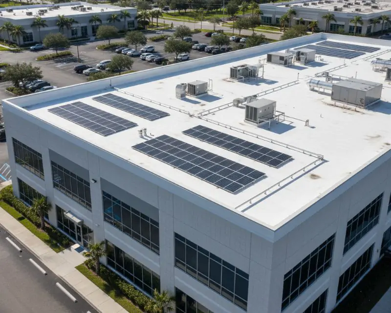 An aerial view of a large, modern commercial or industrial building with a white flat roof, featuring several groupings of solar panels and rooftop HVAC units. A parking lot and landscaping are visible around the facility.